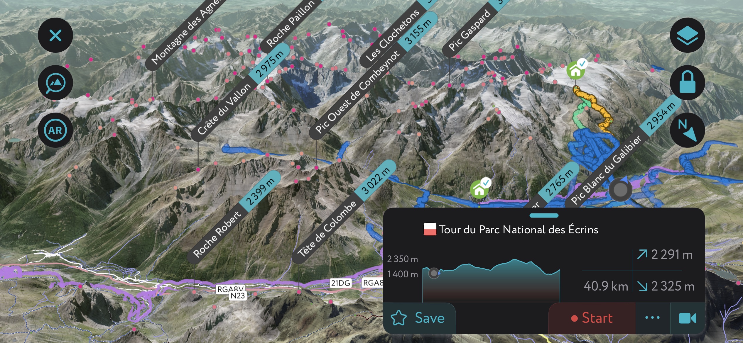 Best hiking.  A section of the Tour des Écrins using PeakVisor’s mobile app