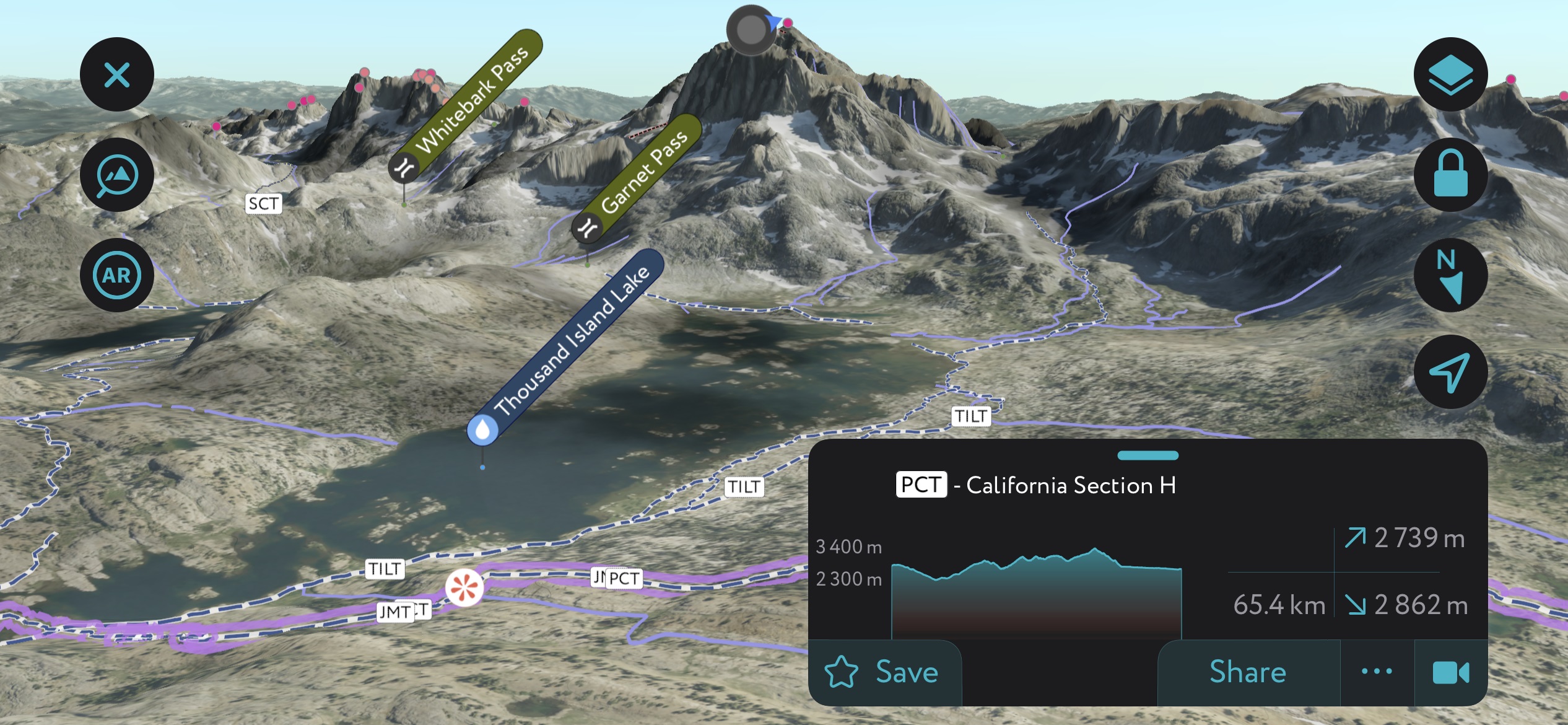 Beste Wanderung. Abschnitt H des PCT (unterhalb des Banner Peak) mit der mobilen App von PeakVisor