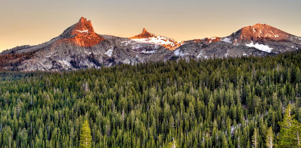 Cathedral Peaks Alpen Glo during Sunset at Yosemite National Parks, California.