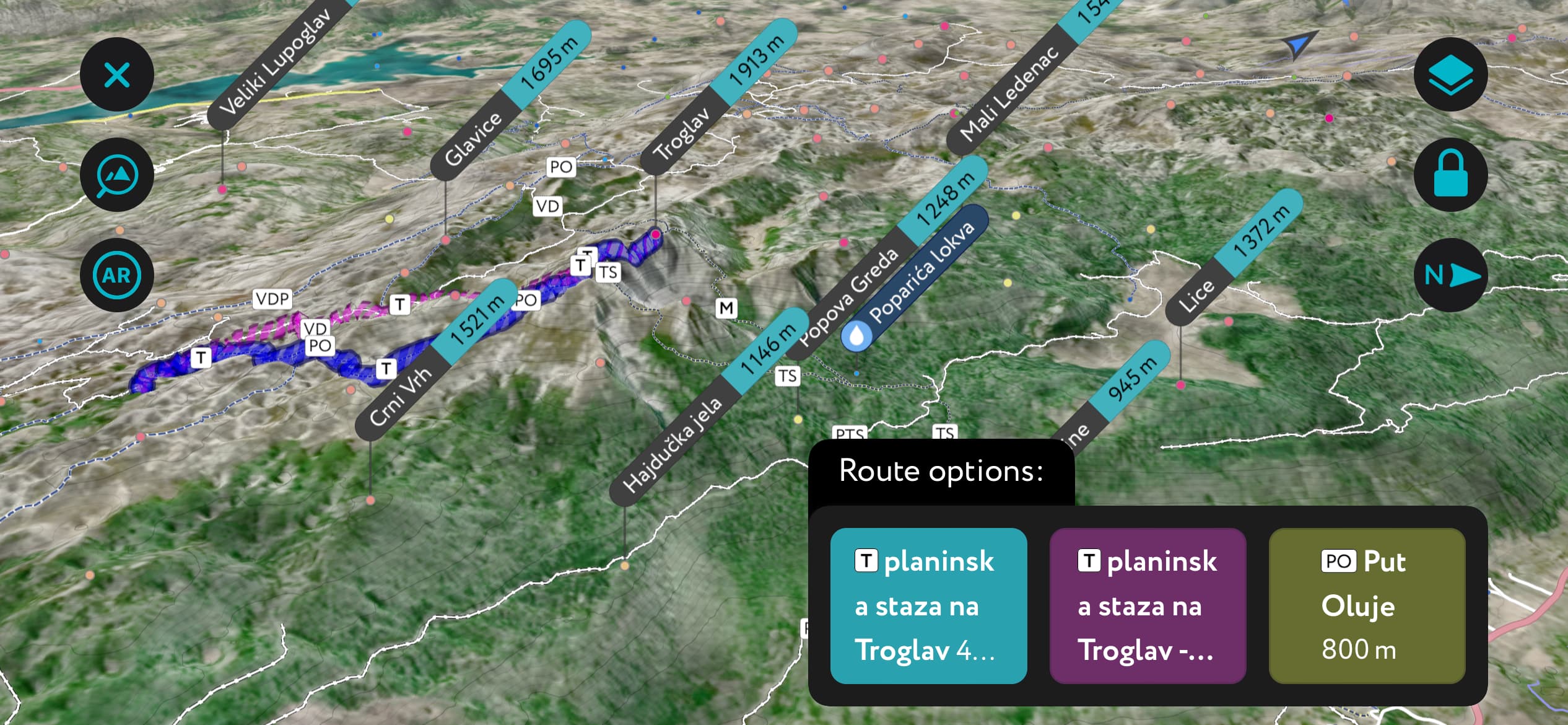 Troglav hiking routes up Dinara using PeakVisor’s mobile app. Dinara Nature Park