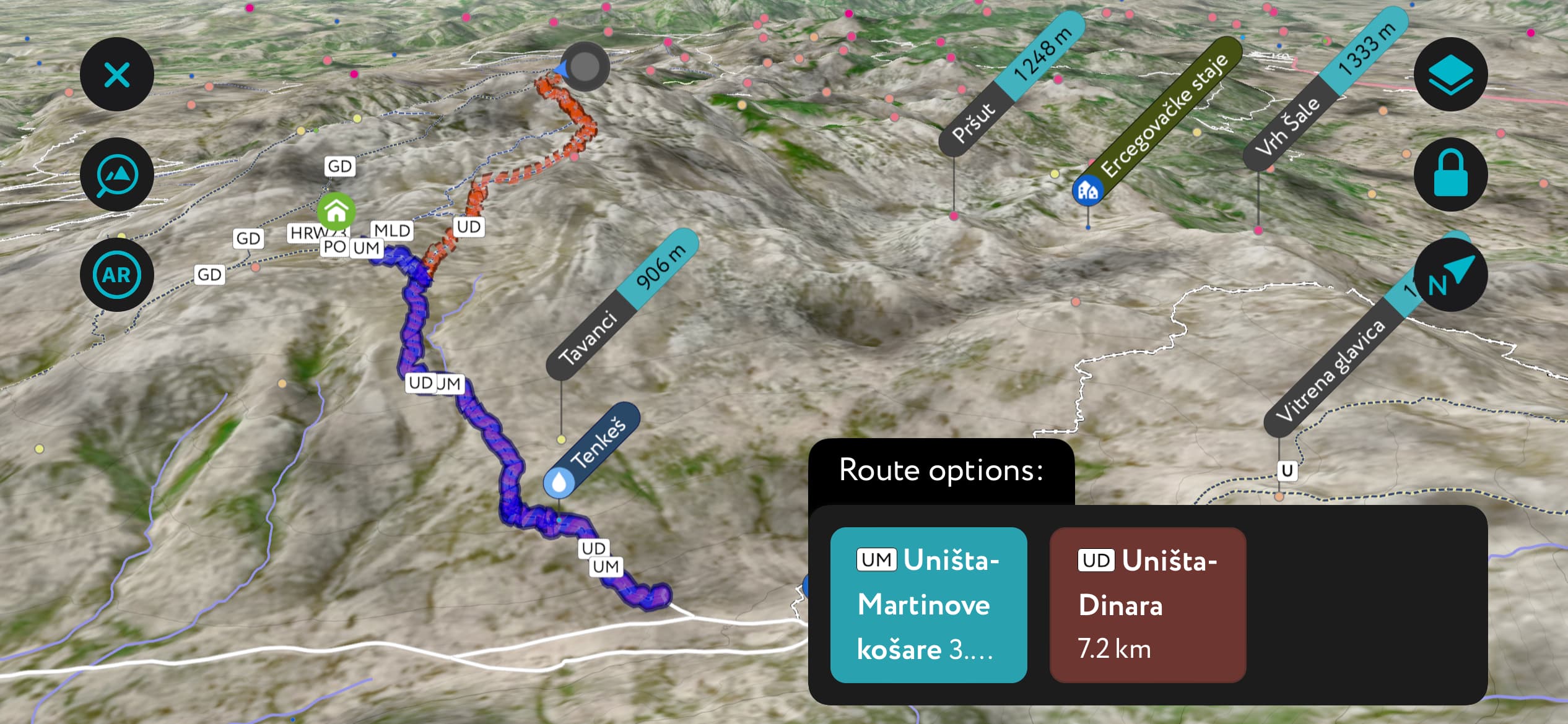 hiking routes up Dinara using PeakVisor’s mobile app. Dinara Nature Park