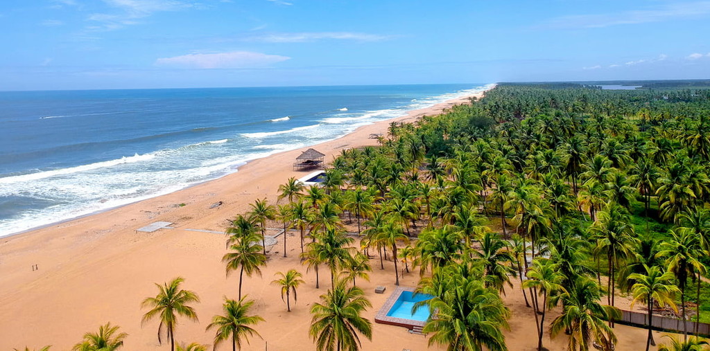 Aerial photos of the long beach at the sand bar island in Nigeria, Africa