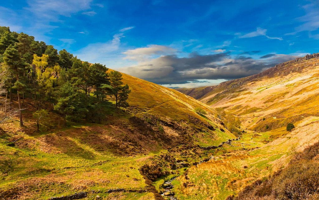 Kinder Scout, England. View from above, with dramatic sky and clouds.