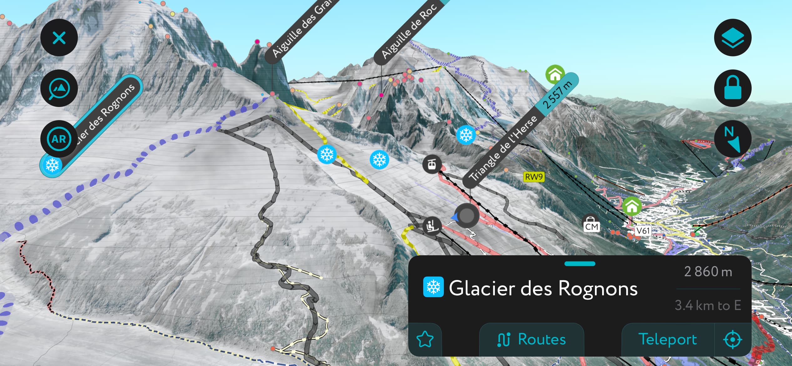 The Secrets to Finding the Best Snow Off-Piste. Grands Montets in Chamonix, France, using PeakVisor’s mobile app