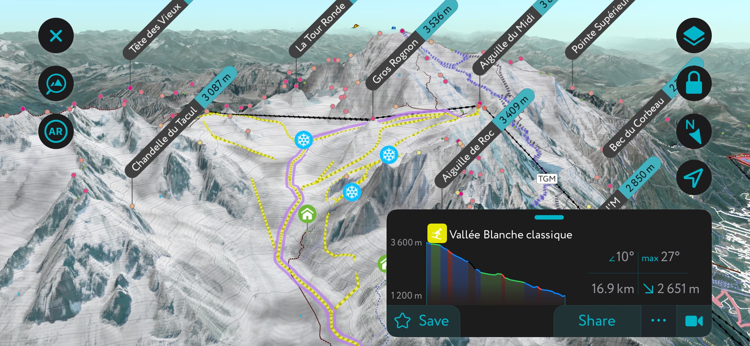 Pssst! So findest du den besten Schnee abseits der Piste. Die App umfasst auch jede Menge Off-Piste-Routen wie Vallée Blanche