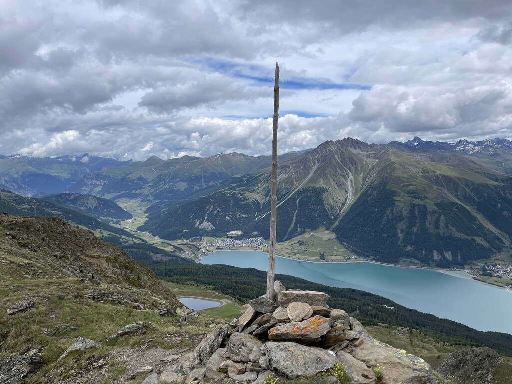 Reschensee from atop Zehner. Sesvenna Alps