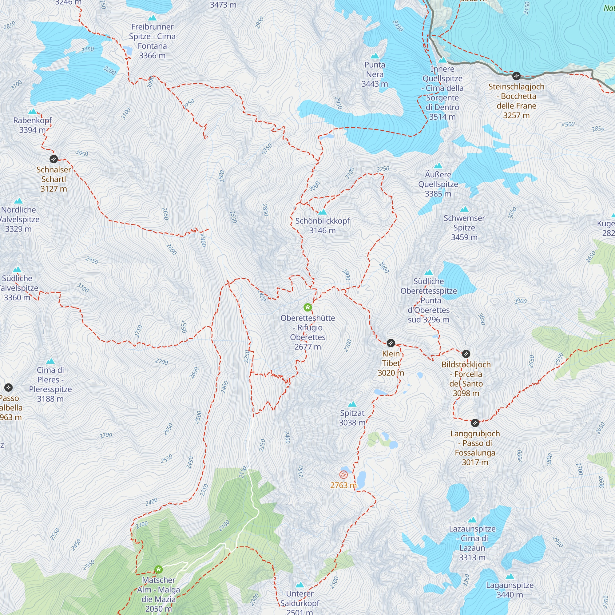 Oberetteshütte - Rifugio Oberettes map