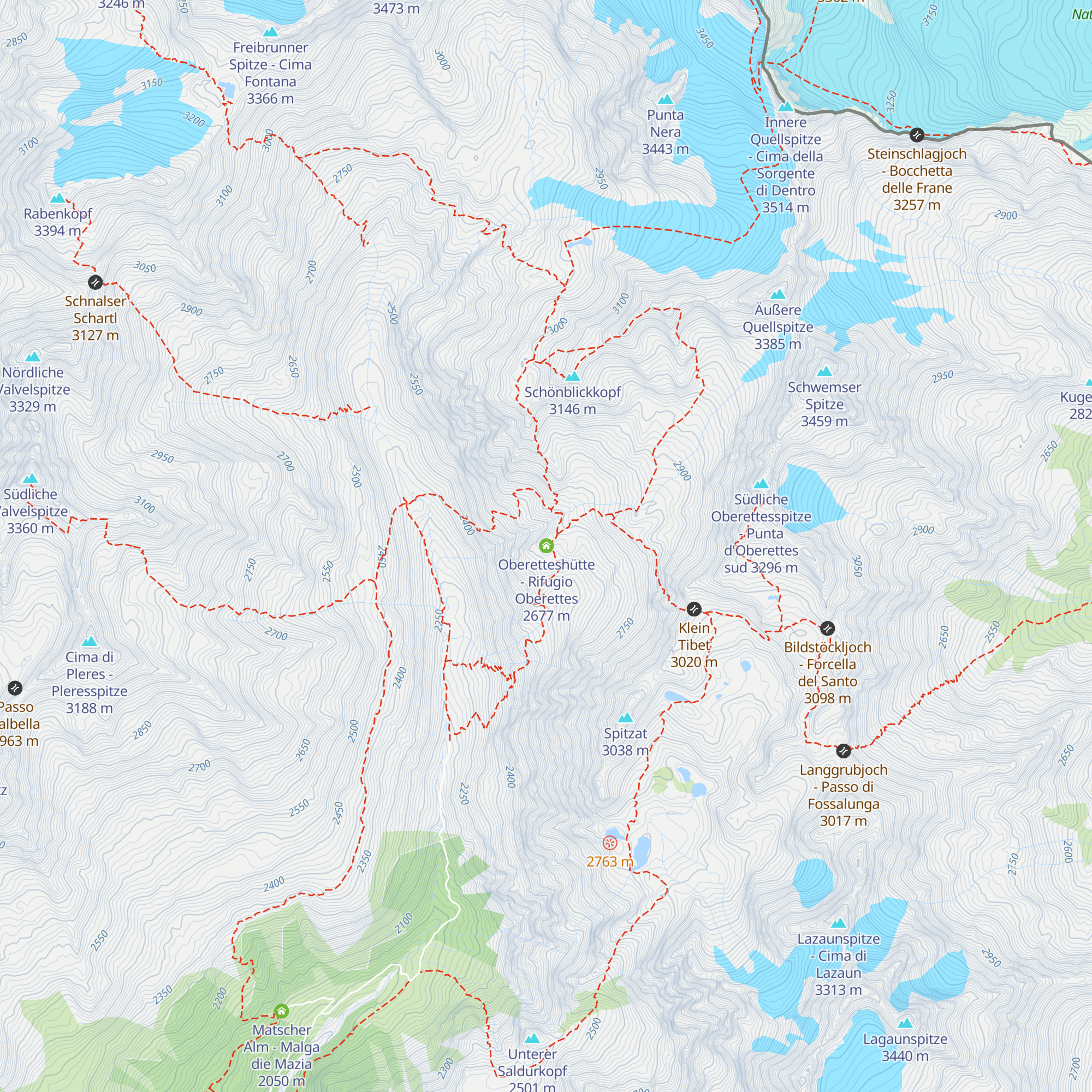 Oberetteshütte - Rifugio Oberettes map