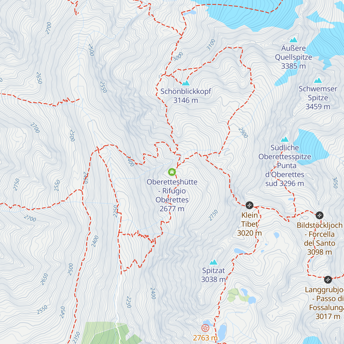 Oberetteshütte - Rifugio Oberettes map