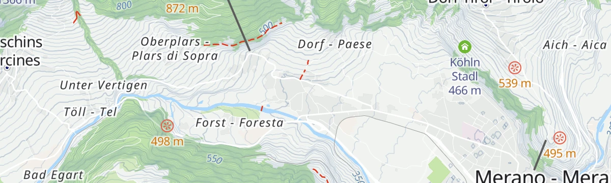 Map of the start of Cammino di San Giacomo (Jakobsweg) in Alto Adige – 12ª tappa: Lagundo – Castelbello