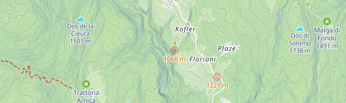 Map of the start of Tret Falls Crag - 19 routes from 5a to 6c+