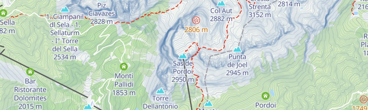 Map of the start of Crossing of the Sella Group from Sass Pordoi to Corvara