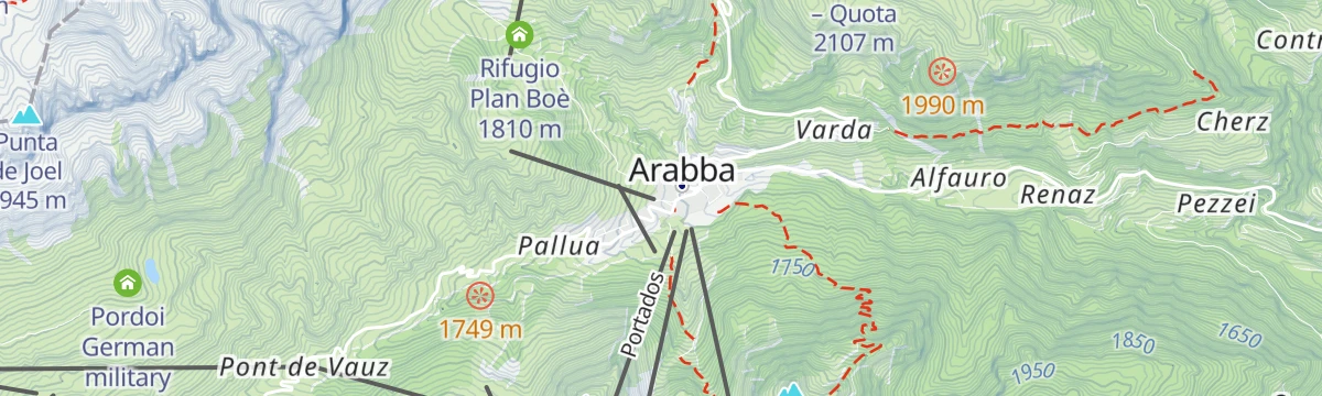 Map of the start of Arabba - "Plan Boè" - "Bec de Roces" - Arabba