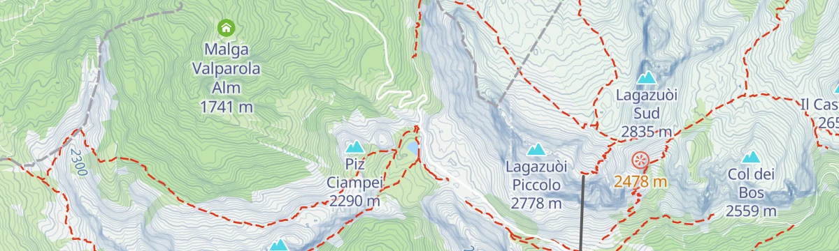 Map of the start of From Passo Valparola to Pralongiá and down to San Cassiano