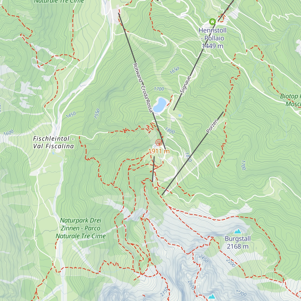 Rotwandwiesenhütte - Rifugio Prati di Croda Rossa map