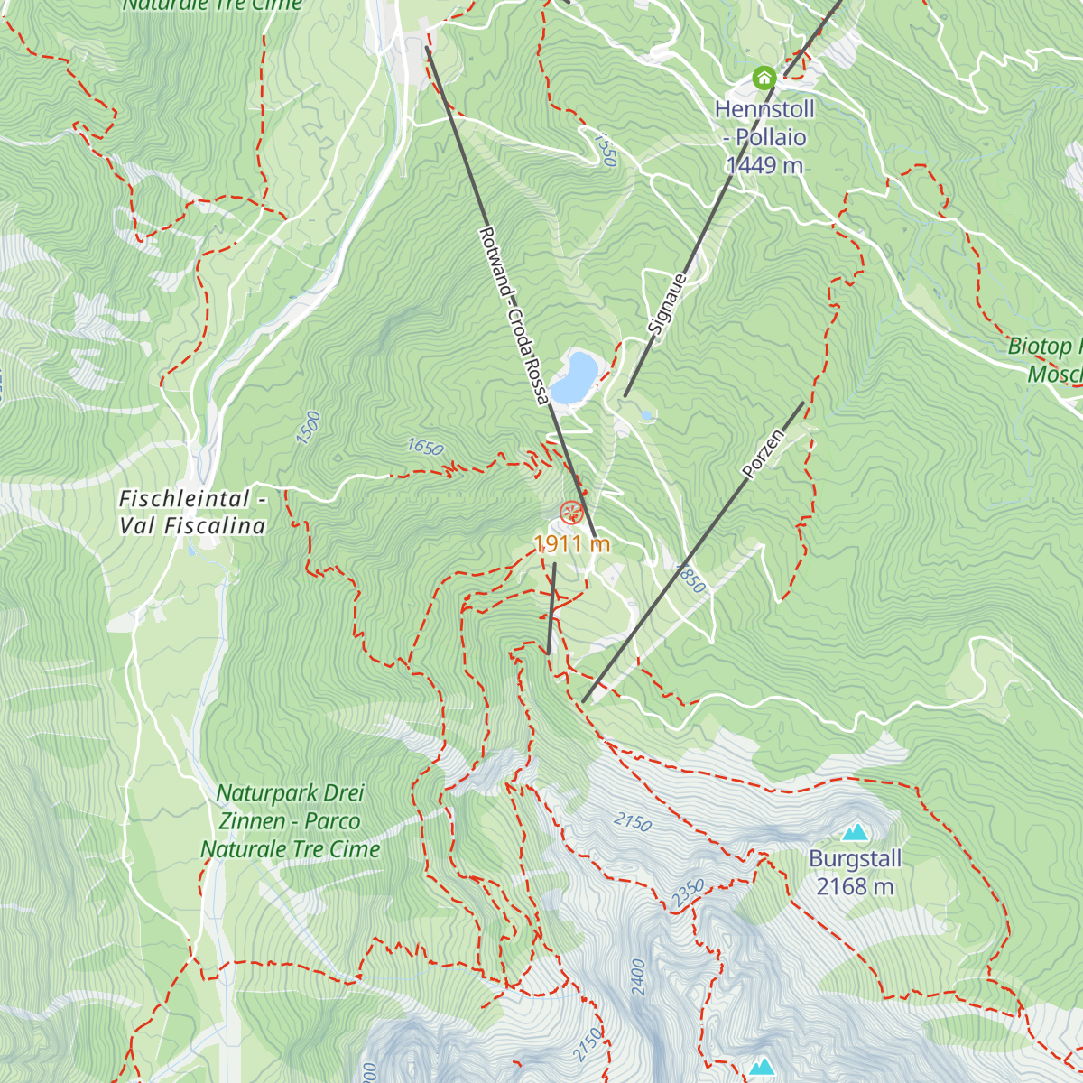 Rotwandwiesenhütte - Rifugio Prati di Croda Rossa map