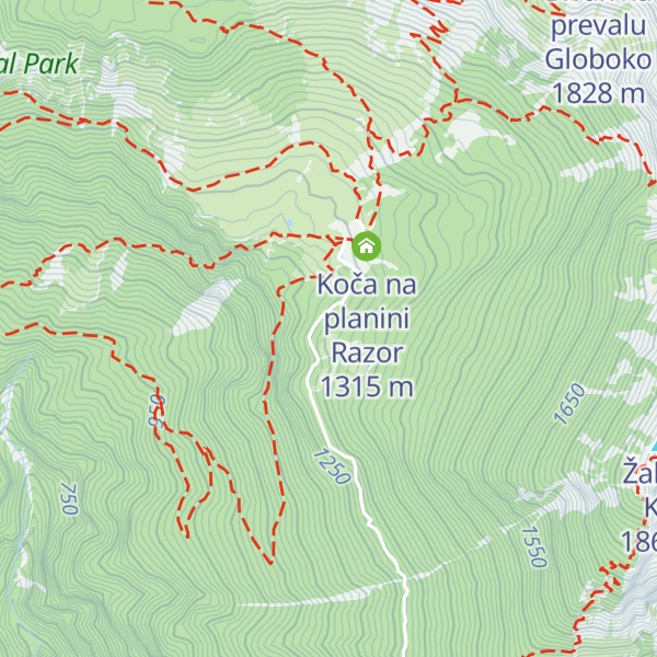 Map of Lovska koča na planini Razor