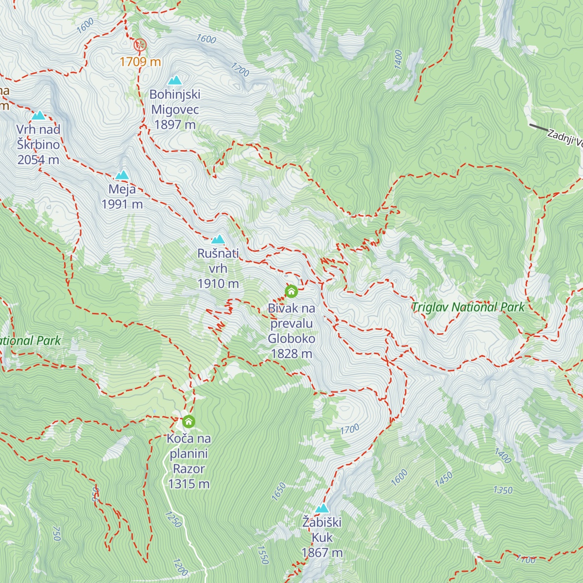 Bivak na prevalu Globoko map