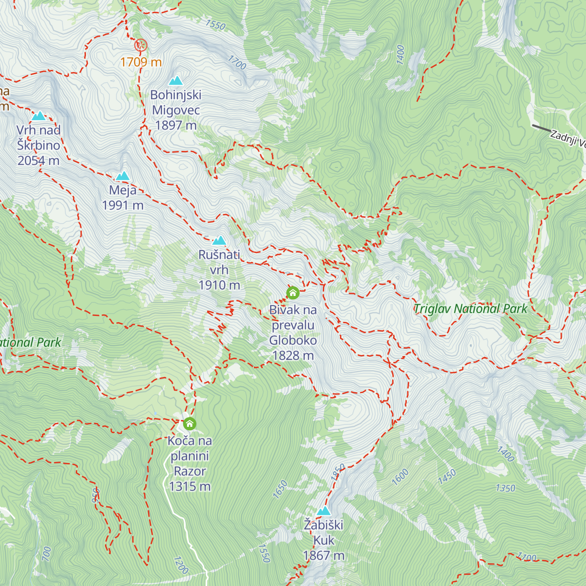 Bivak na prevalu Globoko map