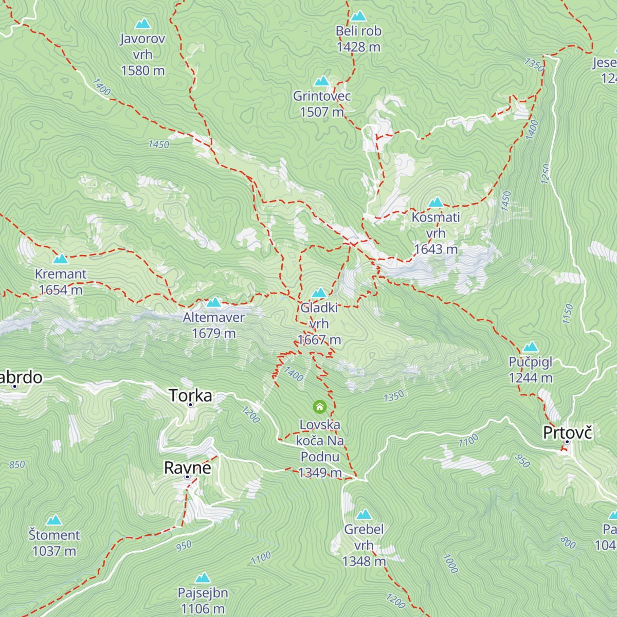 Krekova koča na Ratitovcu map