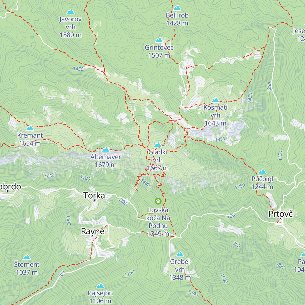 Krekova koča na Ratitovcu map