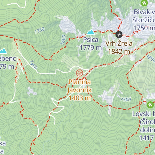 Map of Krničarjeva koča na planini Javornik