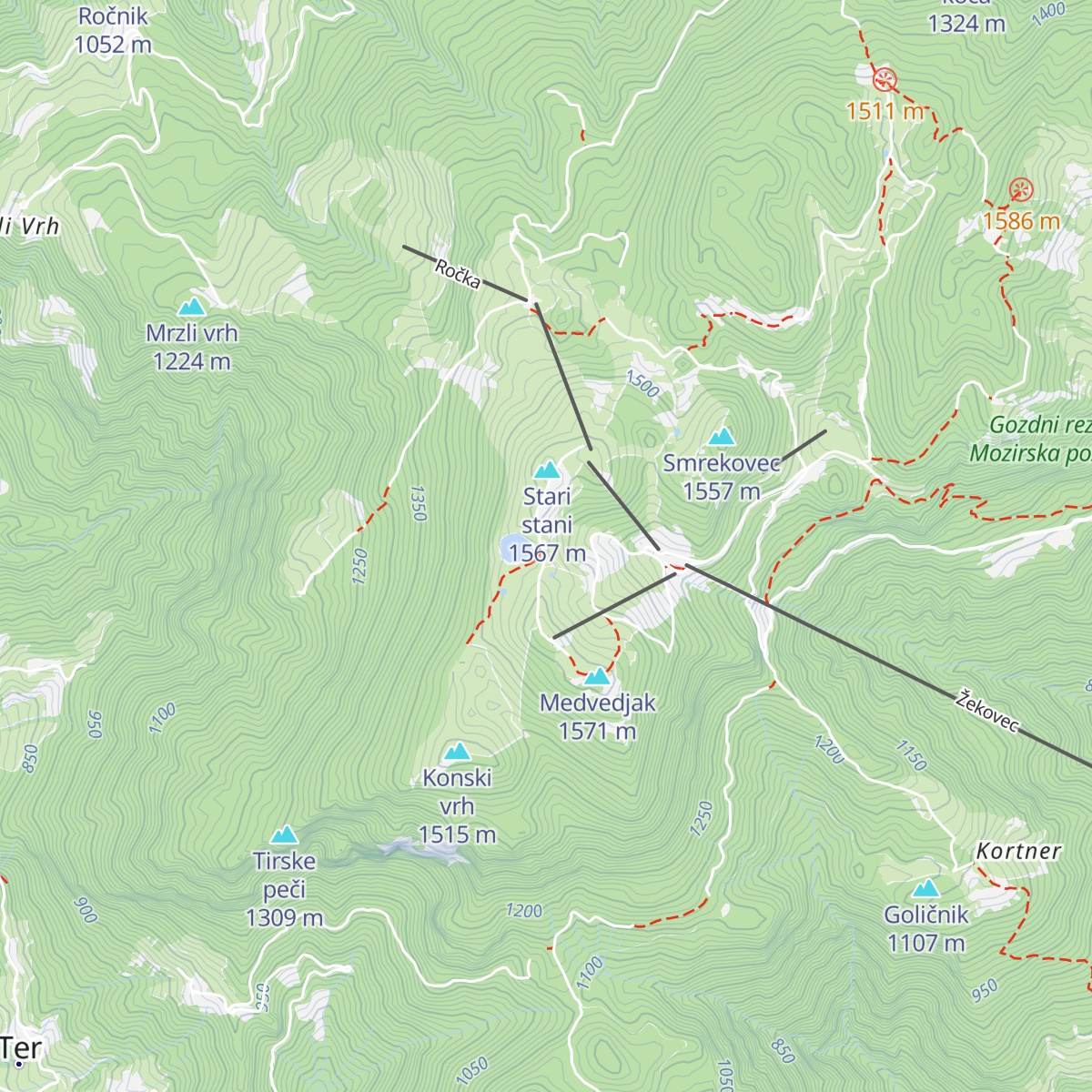 Koča na Treh plotih map