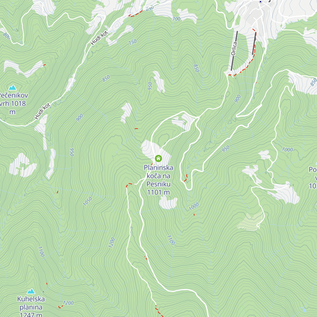 Planinska koča na Pesniku map