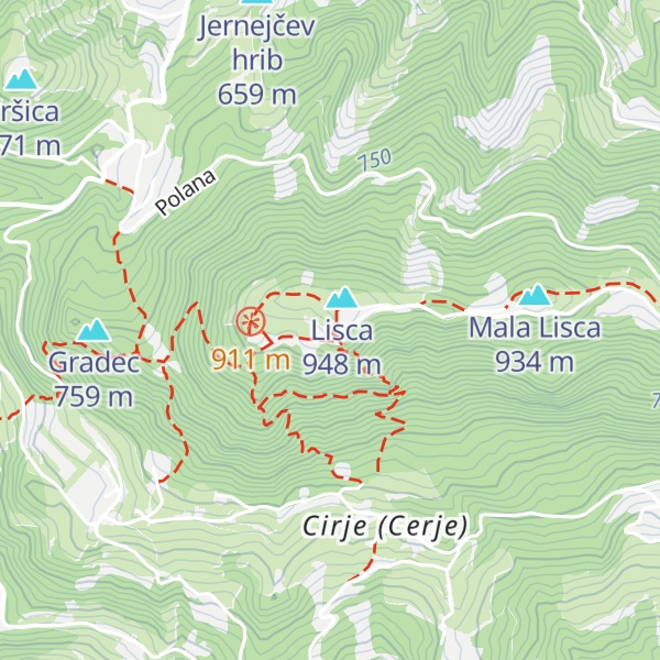 Map of Jurkova koča na Lisci