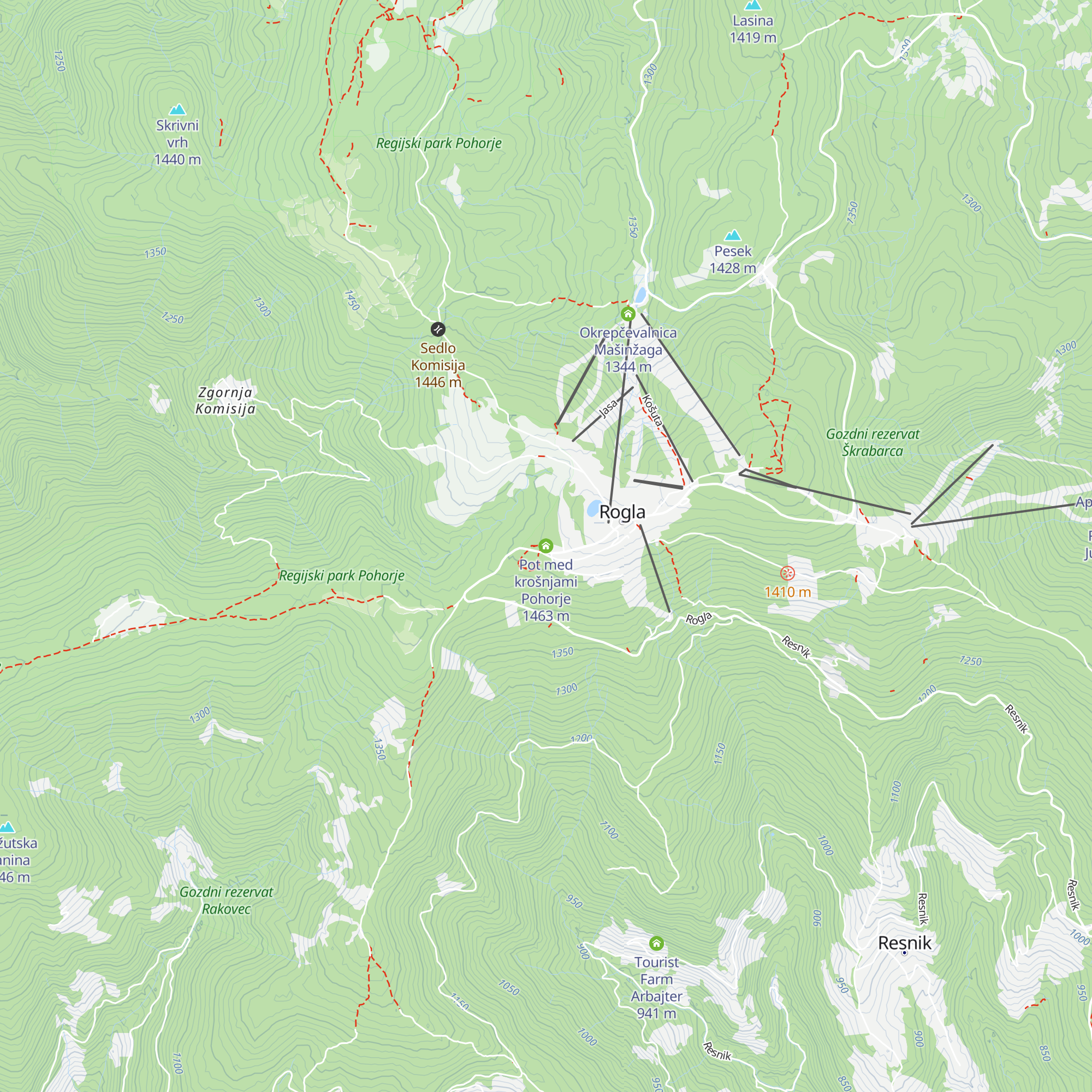 Pot med krošnjami Pohorje map