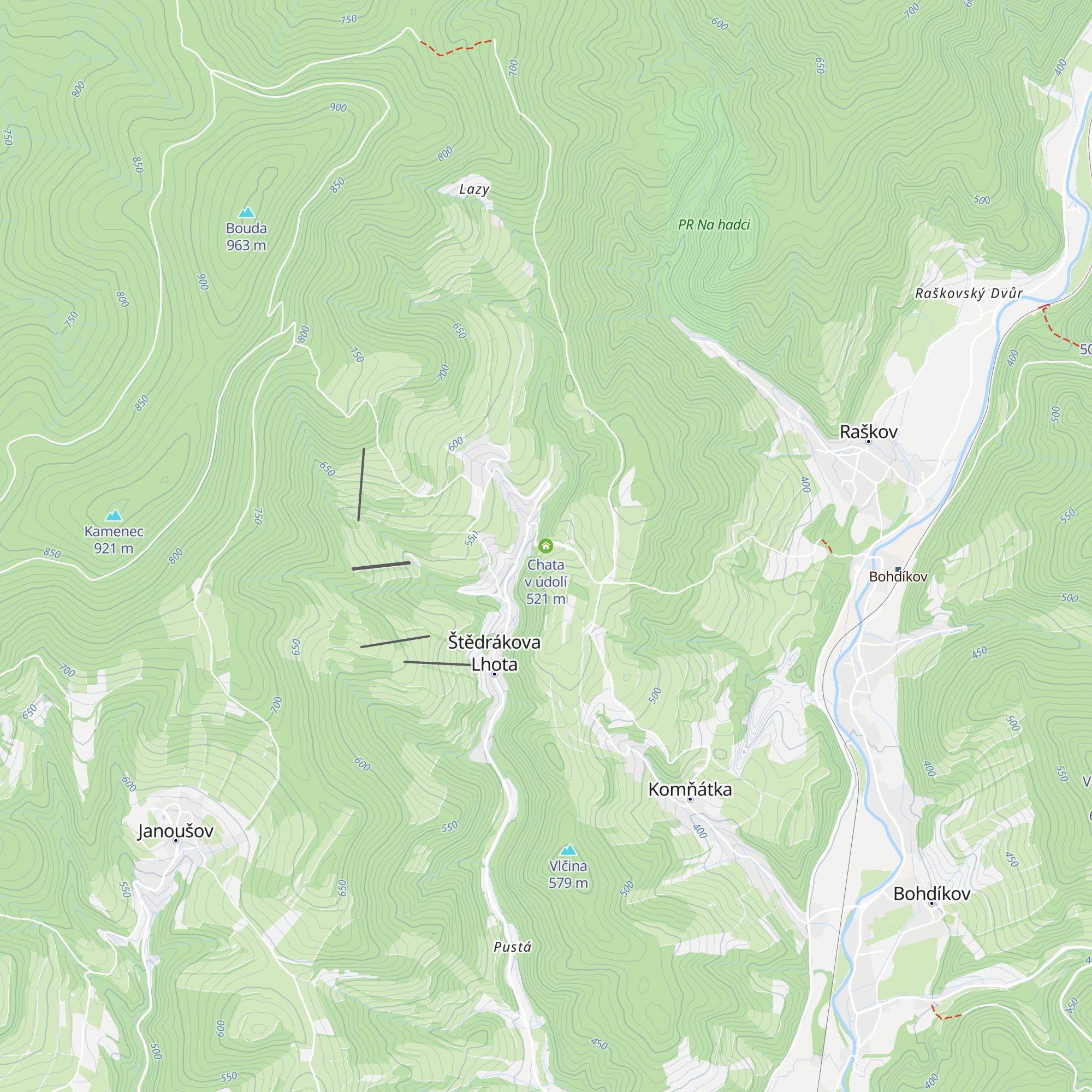 Chata v údolí map