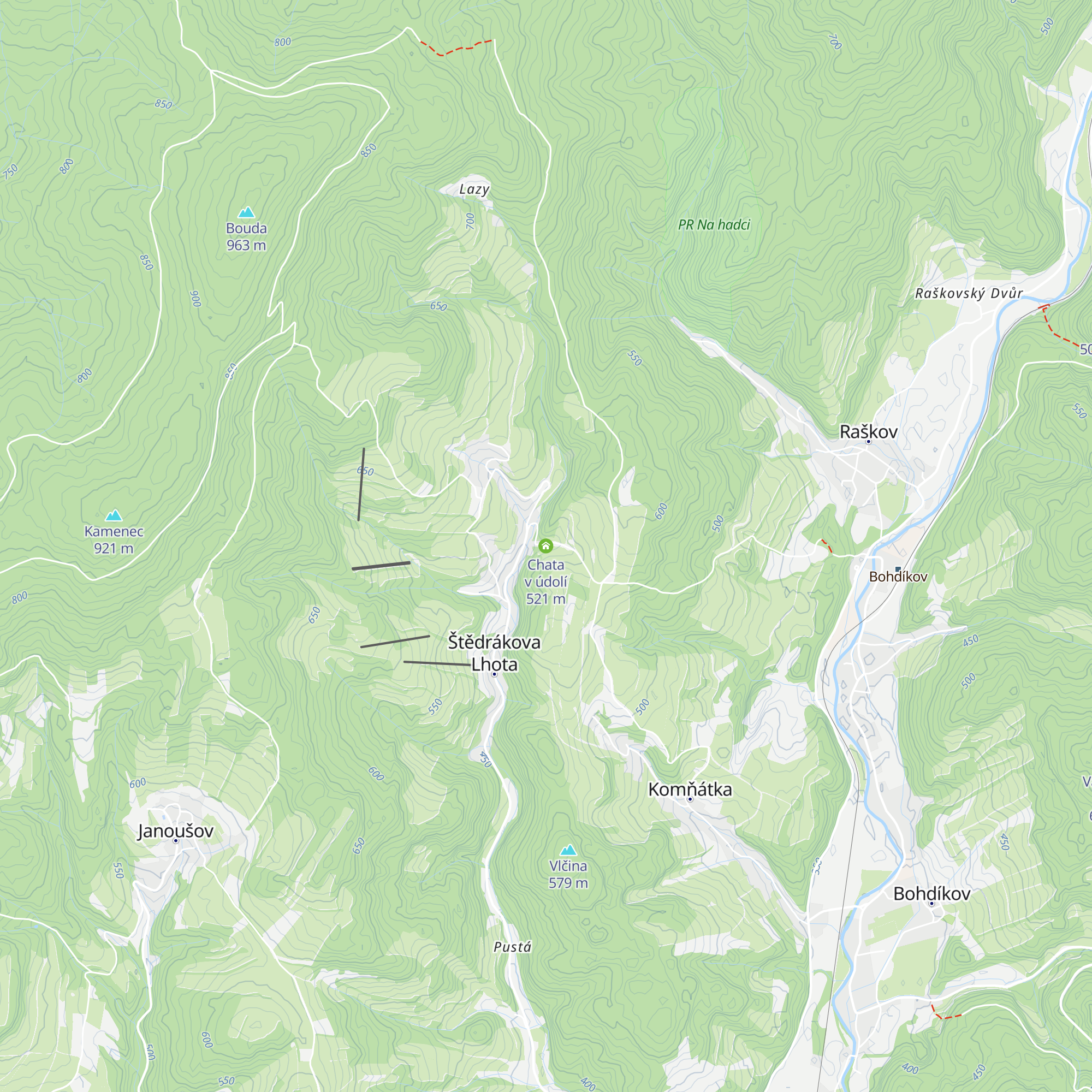 Chata v údolí map