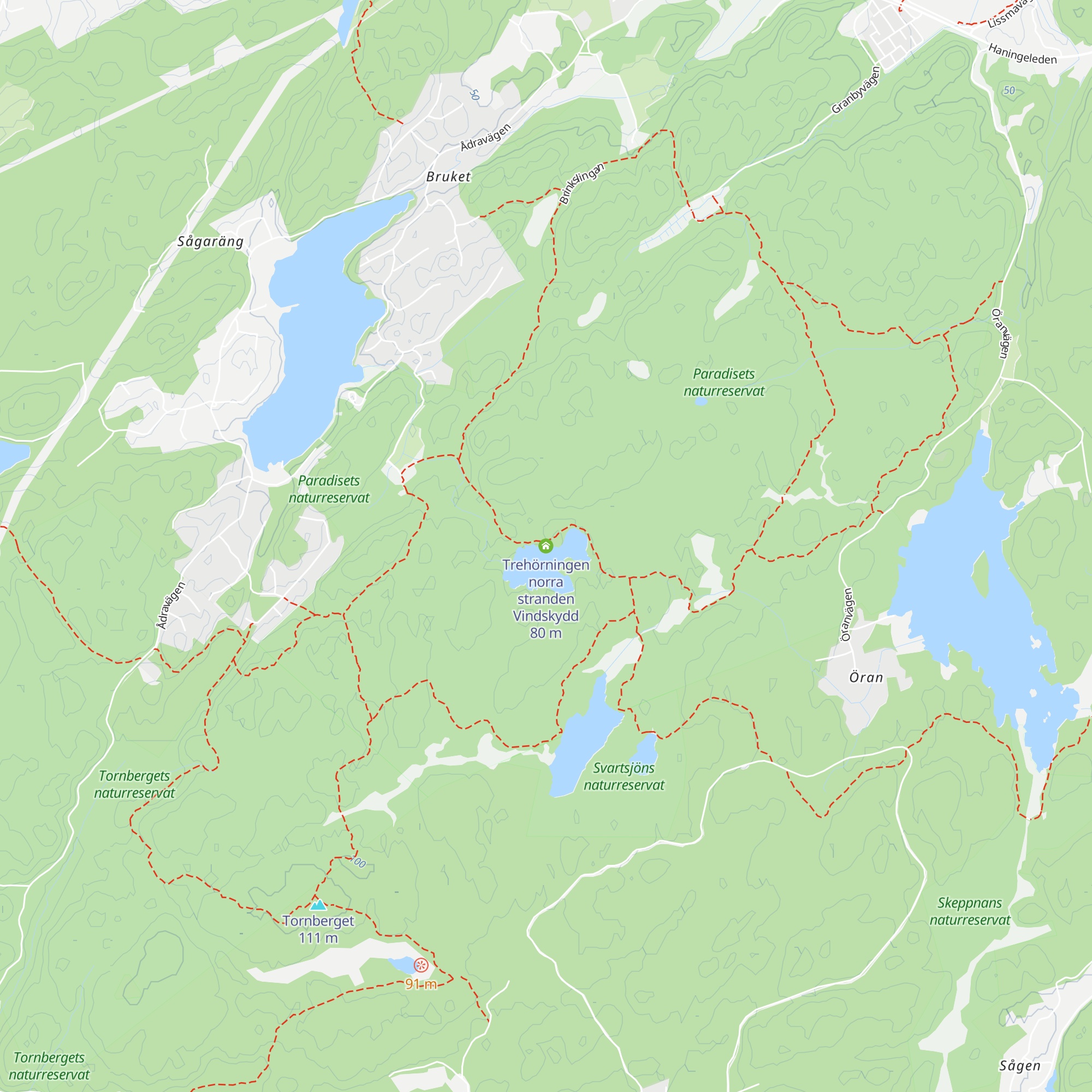 Trehörningen norra stranden Vindskydd map