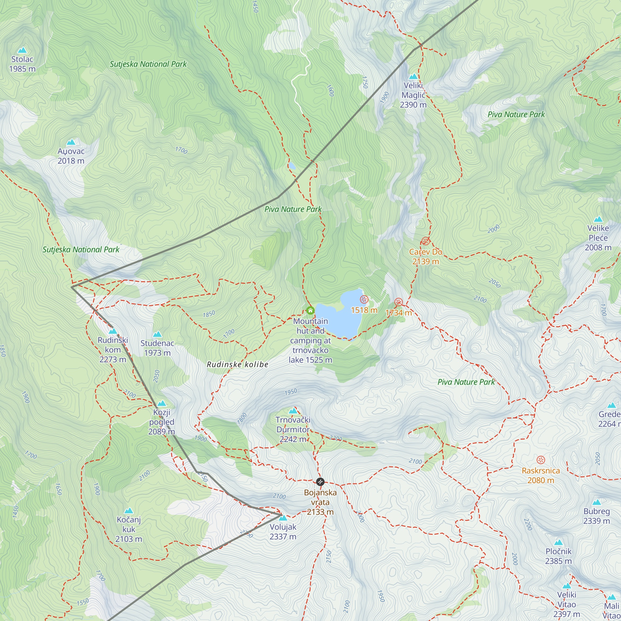 Mountain hut and camping at trnovacko lake map