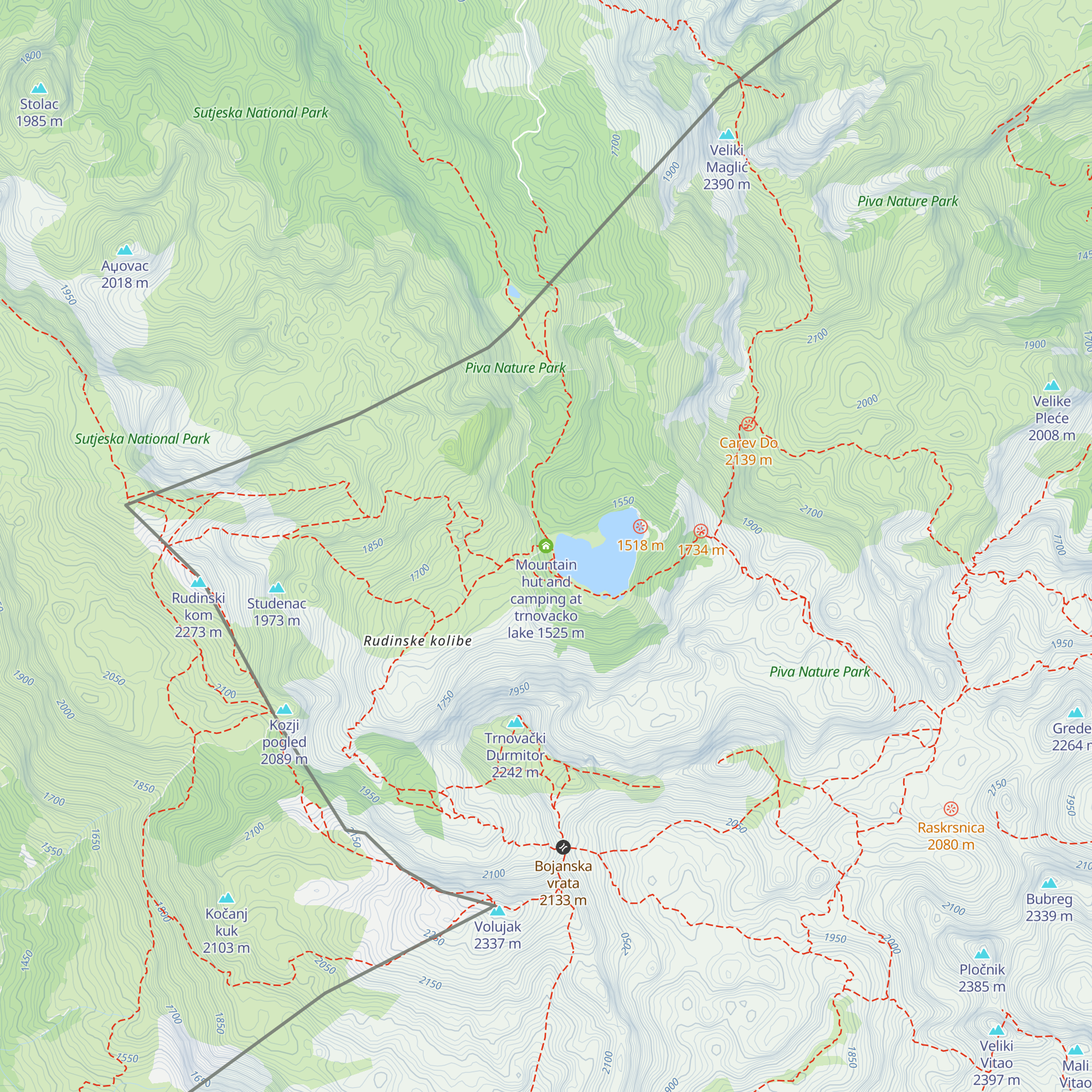Mountain hut and camping at trnovacko lake map