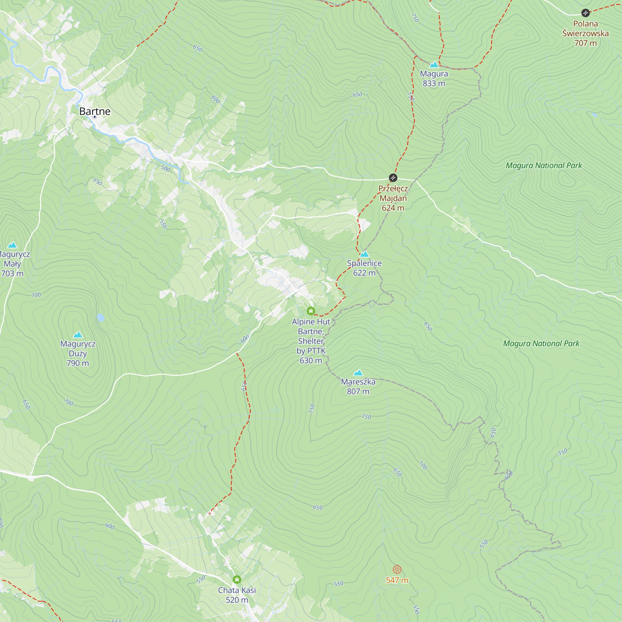 Alpine Hut Bartne, Shelter by PTTK map