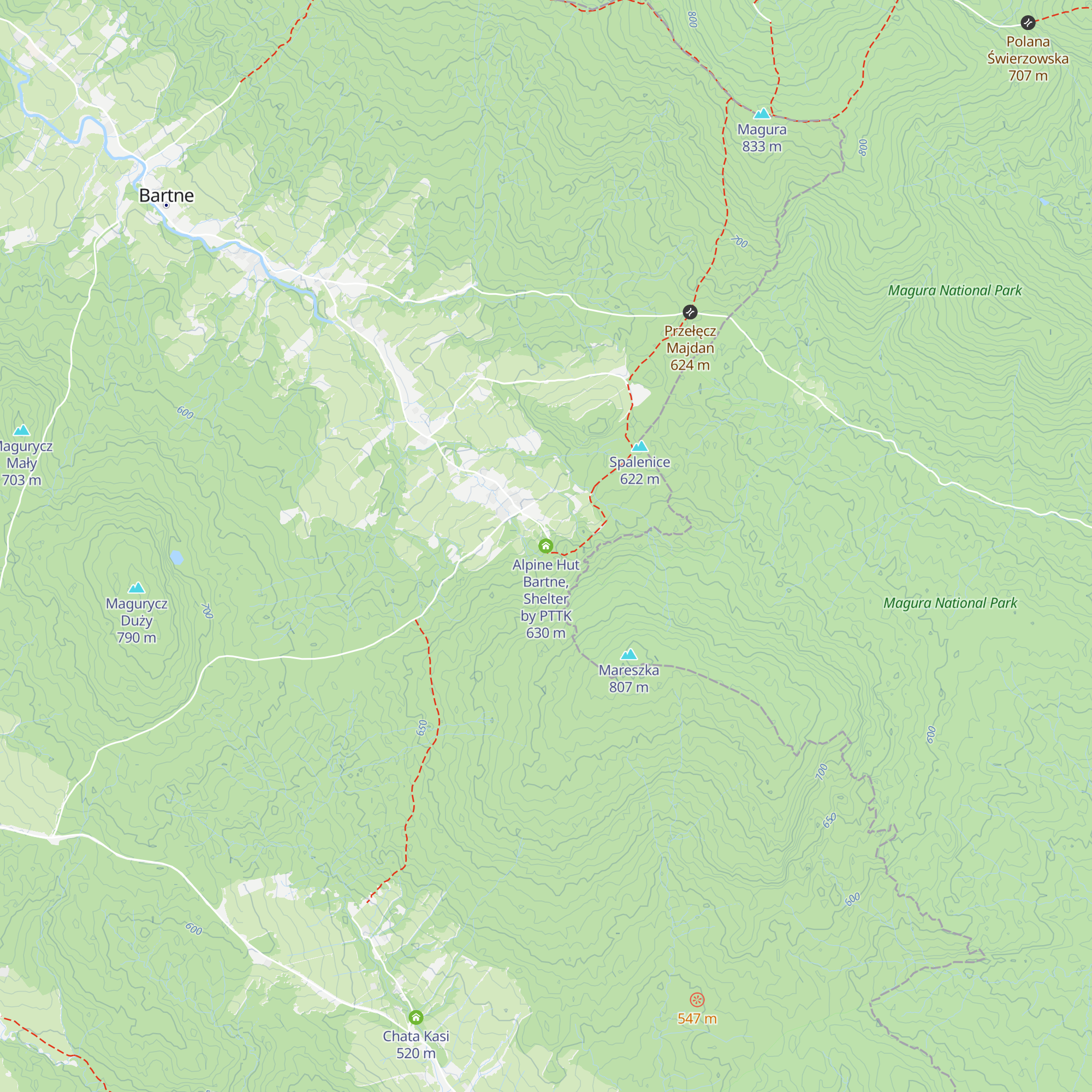 Alpine Hut Bartne, Shelter by PTTK map