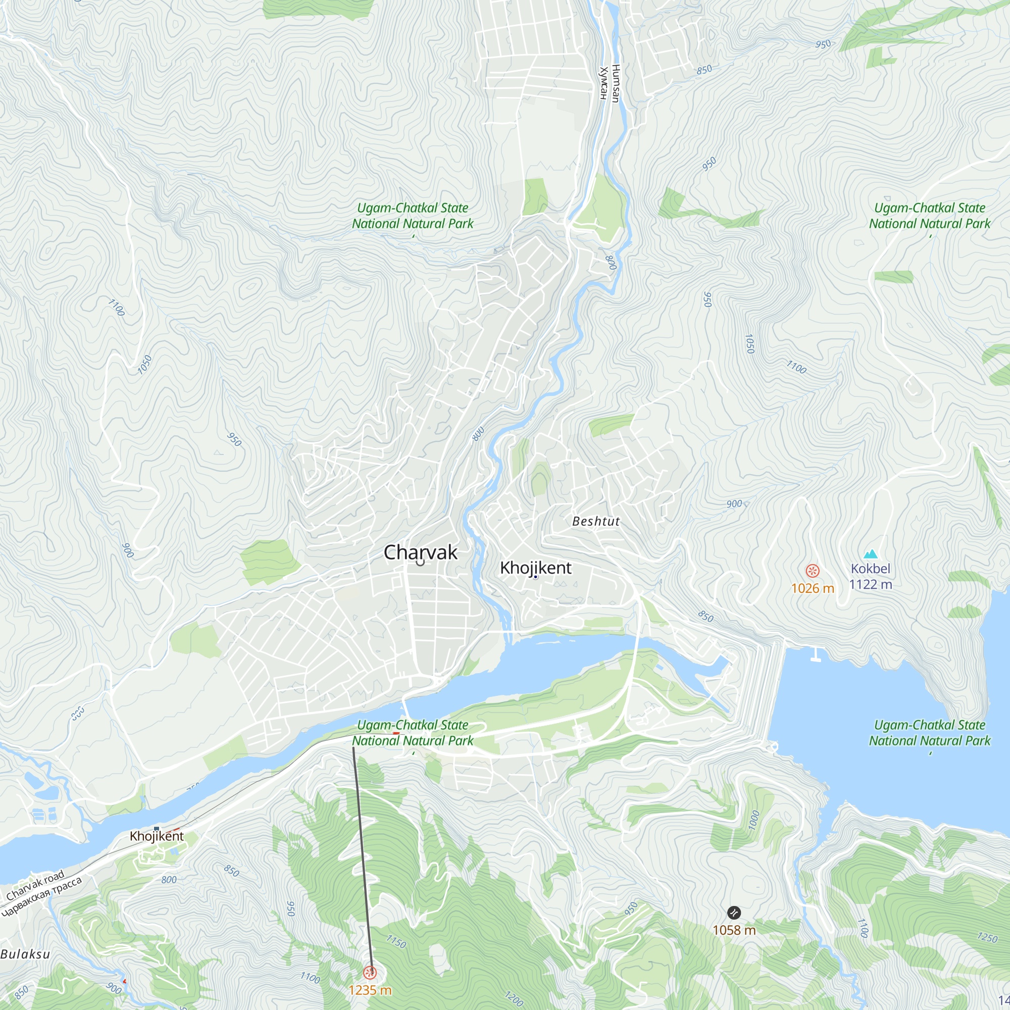 Tashkent Oblast, Bostanlikskii Raion, Poselok Charvak, Ul.beshtut 66 (Primorskii) map