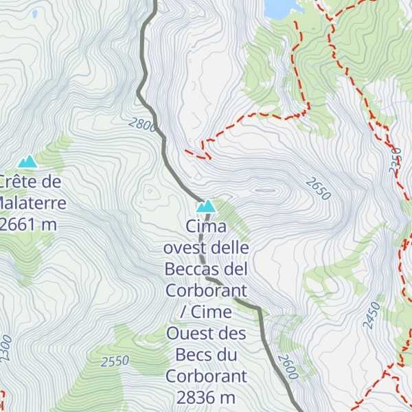 Map of Cima ovest delle Beccas del Corborant / Cime Ouest des Becs du Corborant